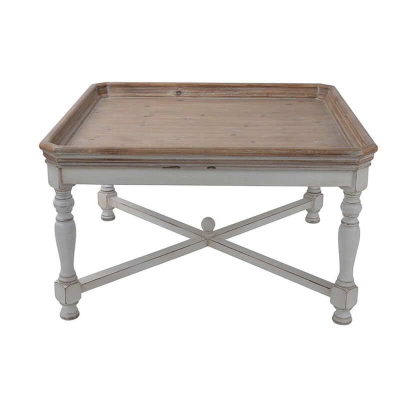 Fin 33 Inch Coffee Table, Tray Top, Rustic Fir Wood, Antique White, Brown-Benzara