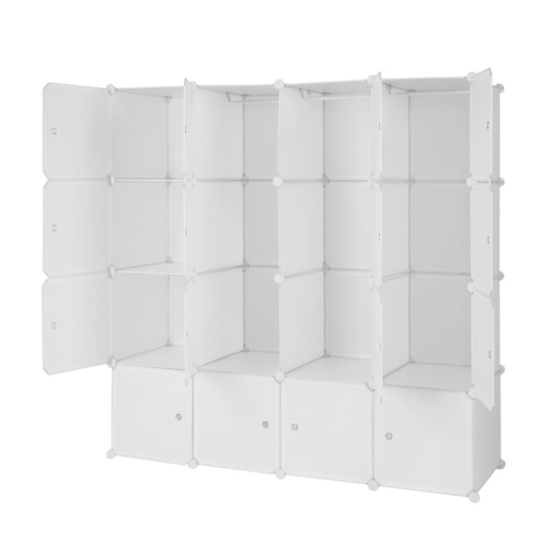 16-Cube Modular Wardrobe, 4-Layer Plastic & Steel Storage Organizer with 3 Hanging Rods