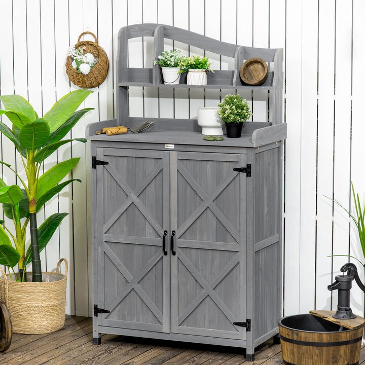 Grey Garden Workstation: Wooden Outdoor Cabinet with Potting Bench