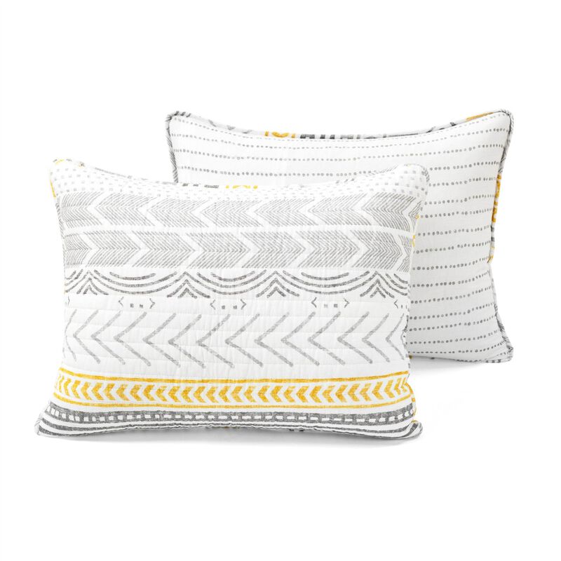 Hivvago King Scandinavian Grey/Yellow/White Chevron Stripe Reversible Cotton Quilt Set