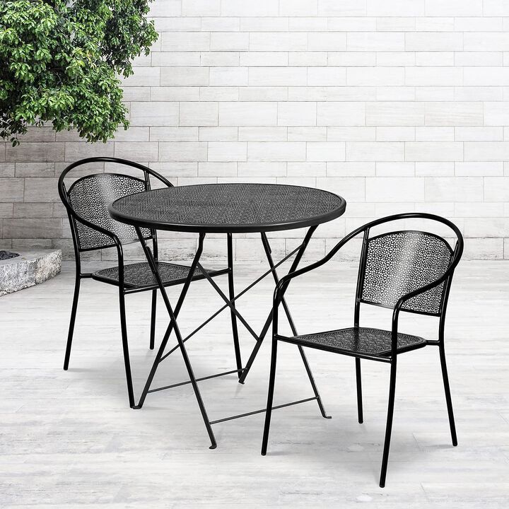 Flash Furniture Commercial Grade 30" Round Black Indoor-Outdoor Steel Folding Patio Table Set with 2 Round Back Chairs
