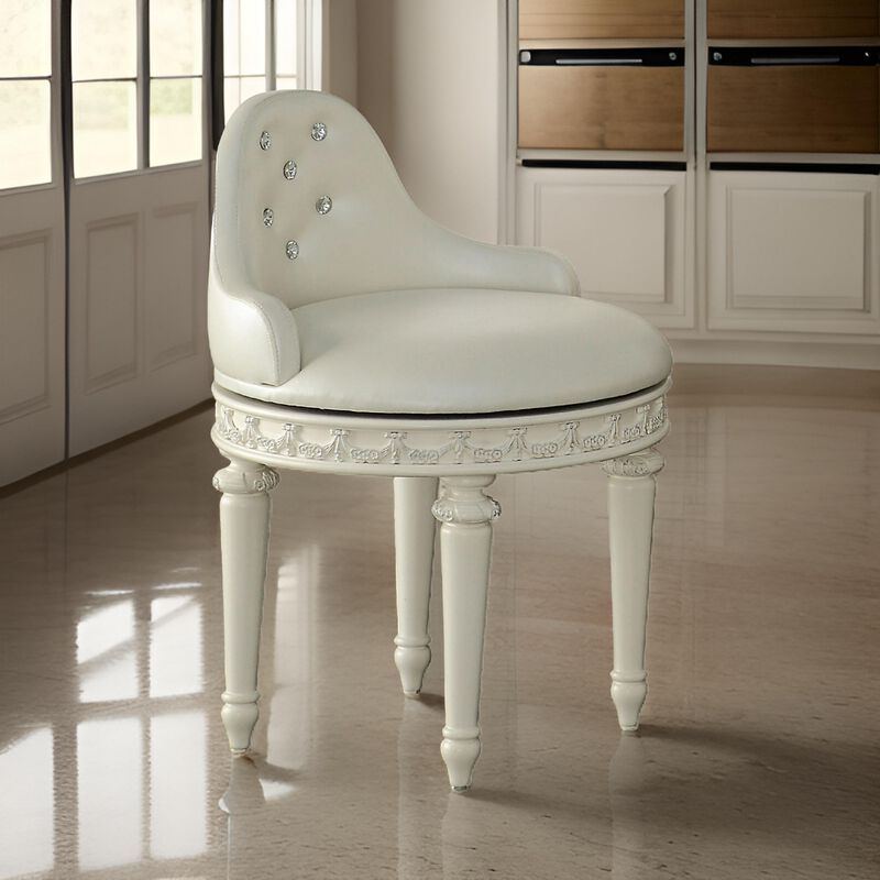 Dorie 21 Inch Swivel Chair Vanity Stool, Low Back, Ivory White Faux Leather - Benzara