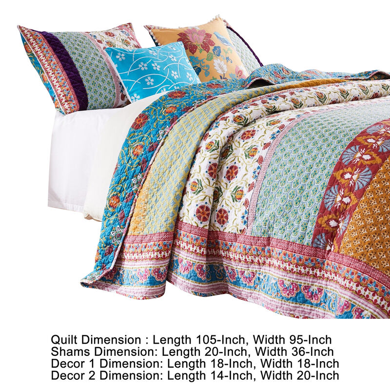 Sama 5 Piece Reversible King Quilt Set, Floral Print Patterns, Multicolor - Benzara