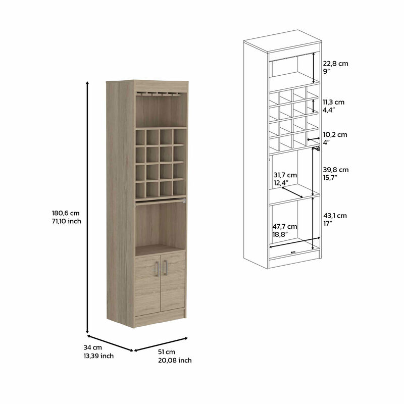 DEPOT E-SHOP Athens Kava Bar Cabinet, 16 Built-in Wine Rack, Two Door Cabinet, Two Shelves, Light Pine