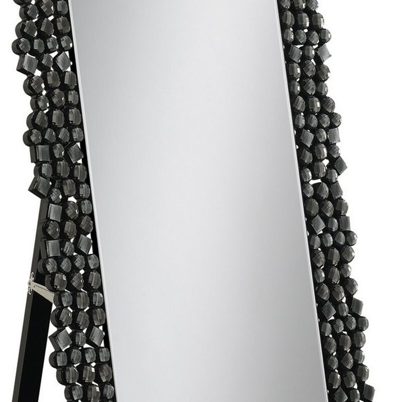 63 Inch Classic Portrait Floor Mirror, Rhinestone Inlay, Cheval, Black-Benzara