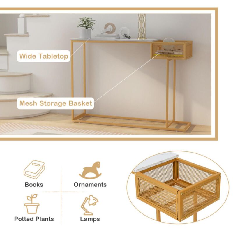 Hivvago Rectangular White Faux Marble Console Table with Storage