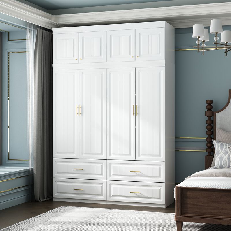 FUFU&GAGA 8-Door Wardrobe Closet with 4 Drawers, Cube Storage, and Hanging Rod - Coastal Style White Armoire Wardrobe Cabinet