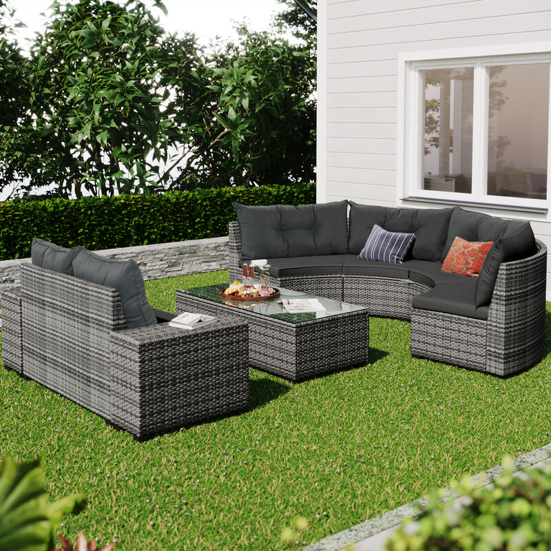Merax 8-pieces Outdoor Wicker Round Sofa Set，Curved Sofa Set With Rectangular Coffee Table