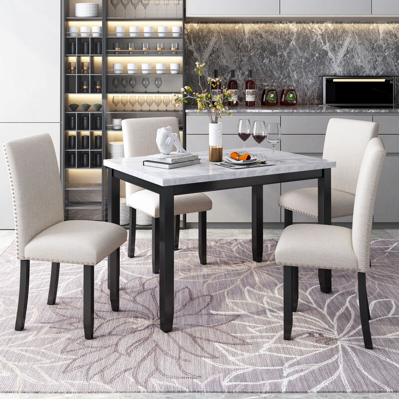 Faux Marble 5-Piece Dining Set Table With 4 Thicken Cushion Dining Chairs Home Furniture