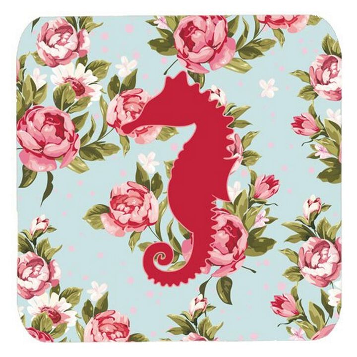 Caroline's Treasures BB1018-RS-BU-FC Sea Horse Shabby Chic Blue Roses Foam Coasters (Set of 4), 3.5 H x 3.5 W, Multicolor