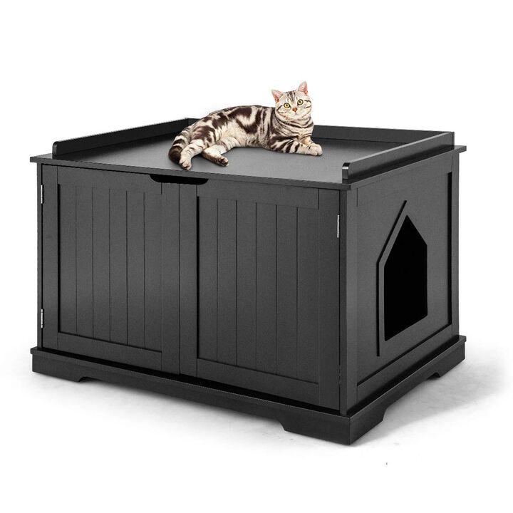 Cat Litter Box Enclosure with Double Doors for Large Cat and Kitty-Black