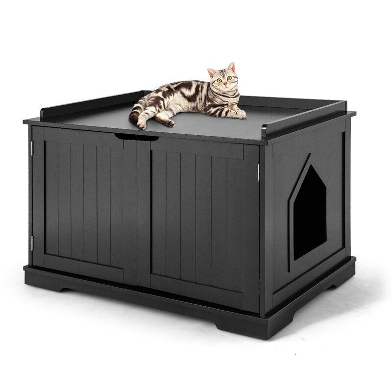Cat Litter Box Enclosure with Double Doors for Large Cat and Kitty-Black