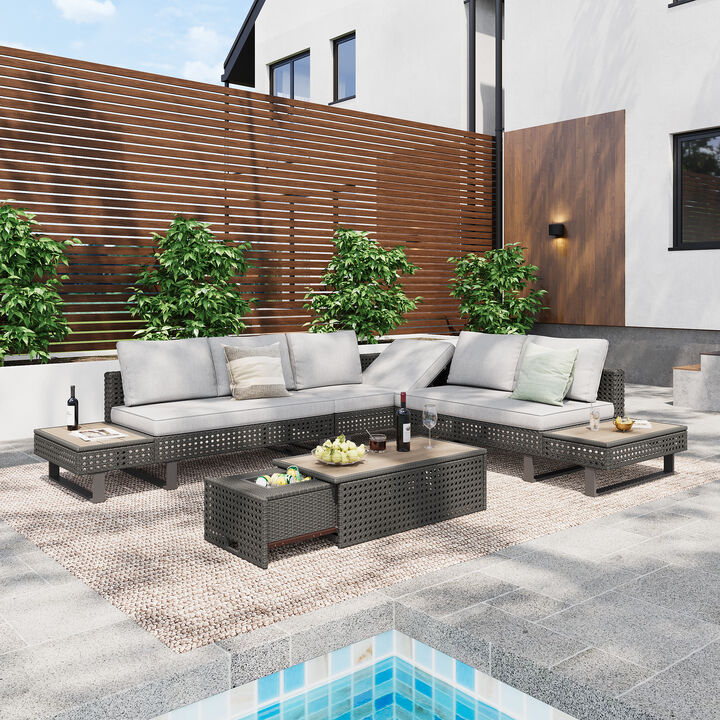 Merax Outdoor Sofa Extendable Coffee Table with Ice Bucket Set