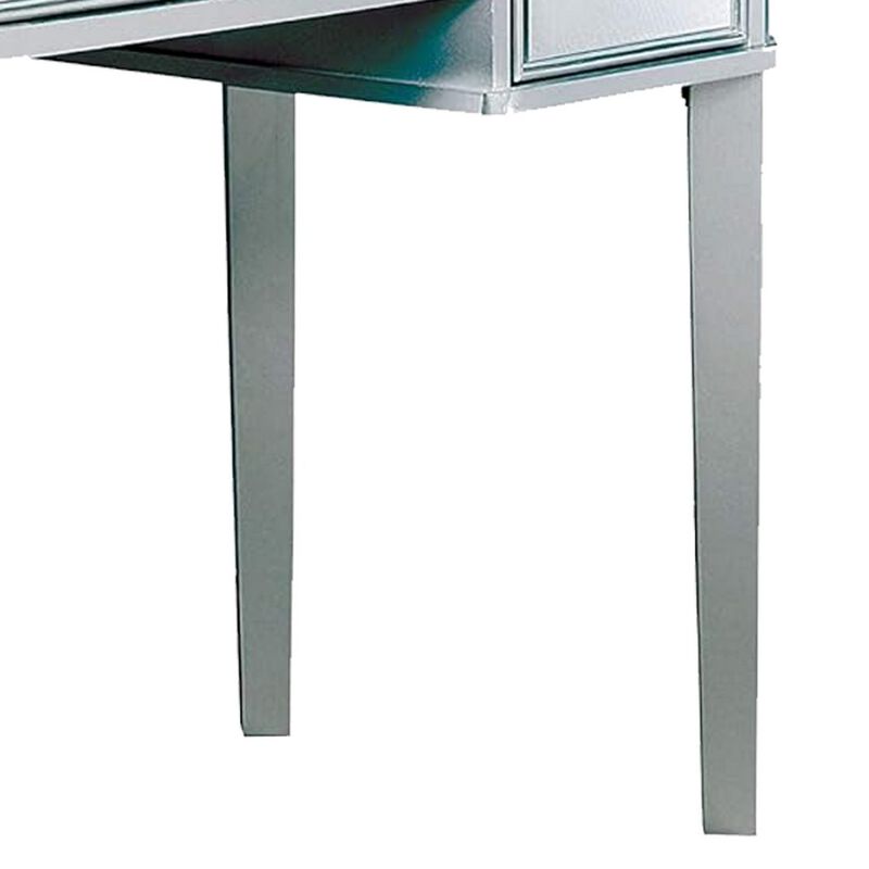 43 Inch Vanity Desk with Stool, Drawers, 3 Sided Mirrors, Silver Wood Frame - Benzara