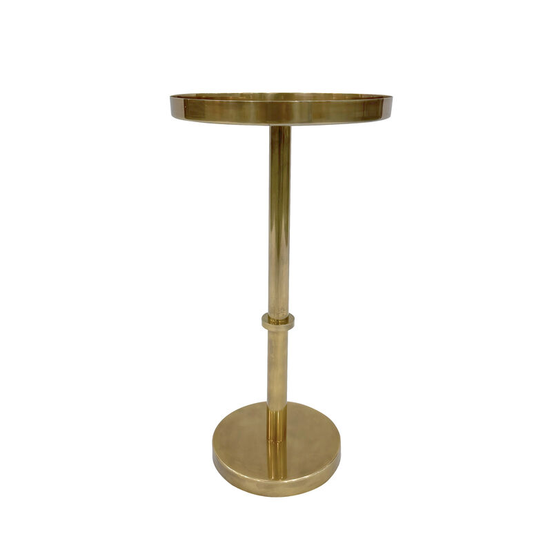 Ara 12 Inch Side End Table, Vintage Sleek Pillar Base, Round Tray Top, Oxidized Antique Brass