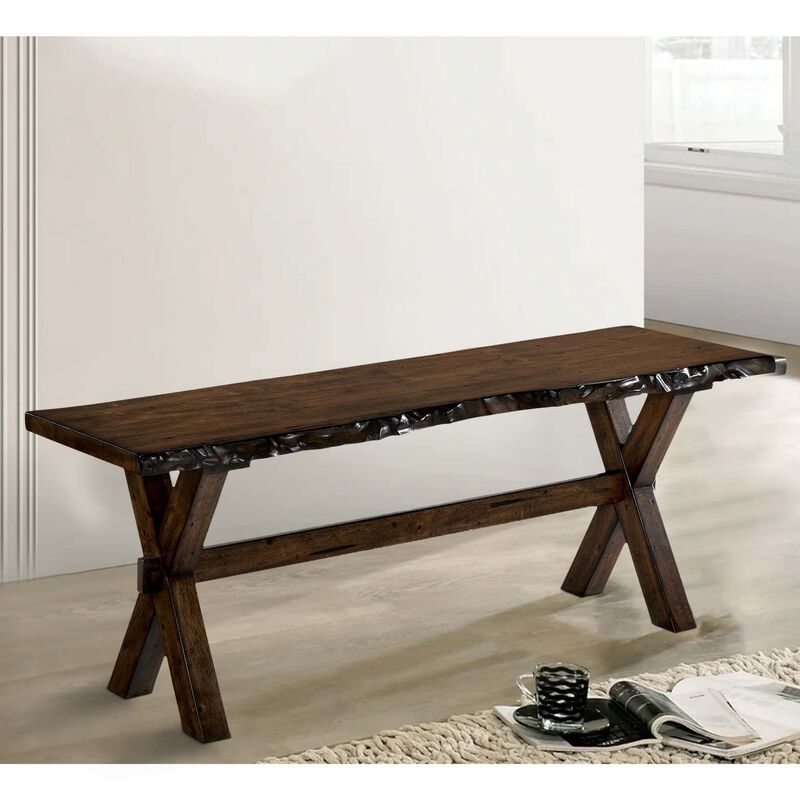 Naef 54 Inch Wood Dining Bench, Walnut Brown, Live Edges, Angled Legs -Benzara