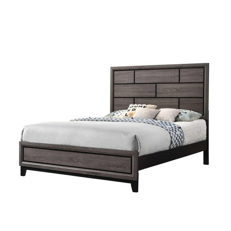 Benjara Asir Queen Size Bed, Geometric Panel Headboard, Modern Wood Finish, Gray and Black