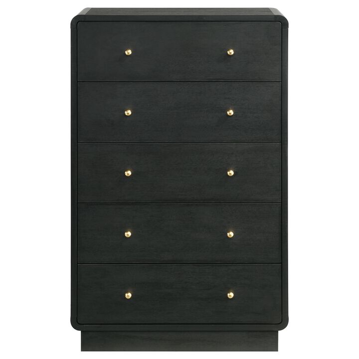 Cavy Tall Dresser Chest, 6 Drawers, Black Wood, Round Gold Knobs - Benzara