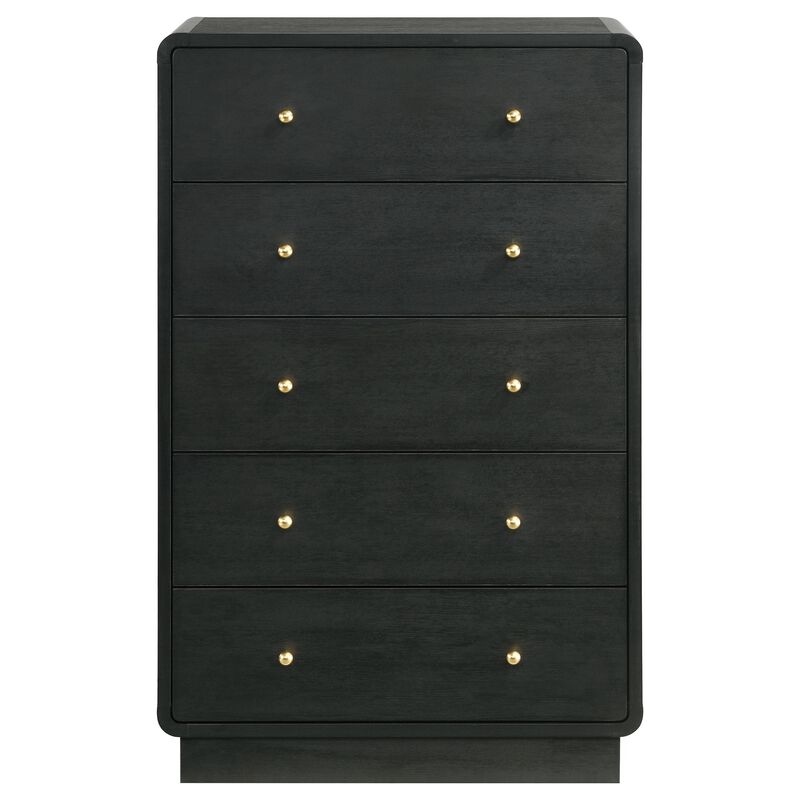Cavy Tall Dresser Chest, 6 Drawers, Black Wood, Round Gold Knobs - Benzara