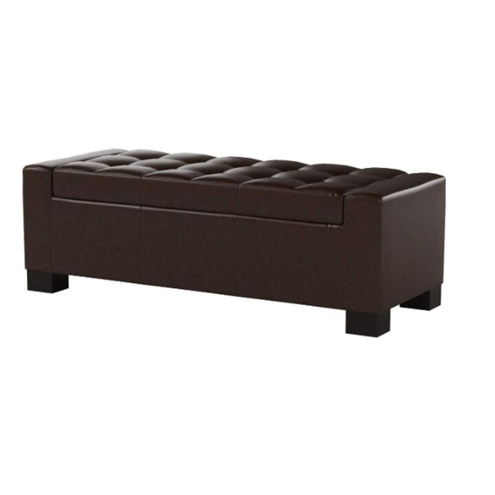 Liani Ottoman Bench, Storage Top, 50 Inch Dark Brown Bonded Leather - Benzara