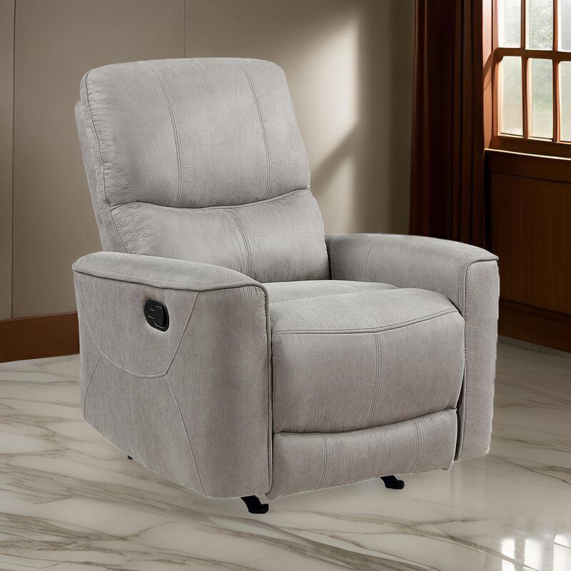 Ray 39 Inch Manual Rocker Recliner Chair, Gray Tufted Back Microfiber - Benzara
