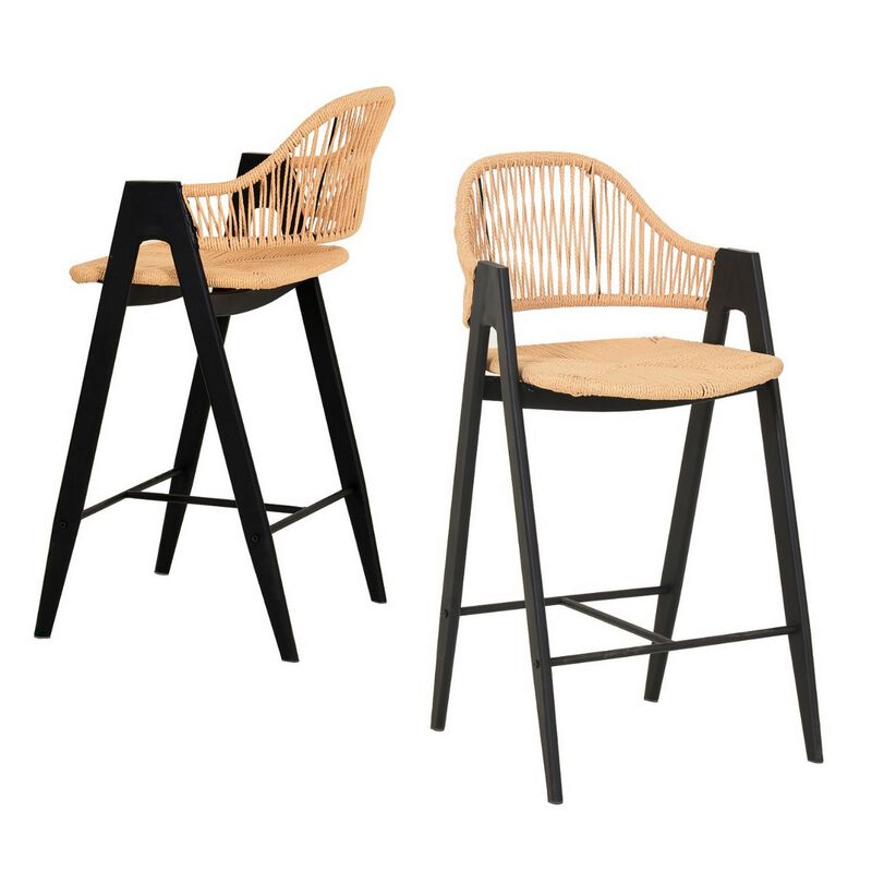 26 Inch Counter Stool Chair Set of 2, Woven Back, Iron Frame, Rattan, Beige - Benzara