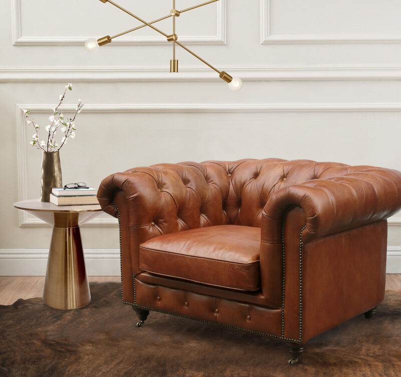 Pasargad Home Paris Club Chester Bay Genuine Leather Tufted Club Chair, Brown