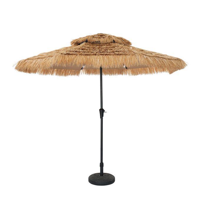 Mondawe 9 ft Hawaiian Style 2 Tier Thatched Tiki Straw Patio Umbrella Shade with Light and Based