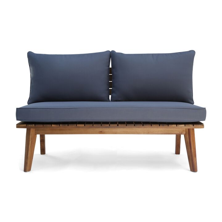 Almo Outdoor Loveseat Bench, Gray Fabric, 49 Inch Brown Acacia Wood - Benzara
