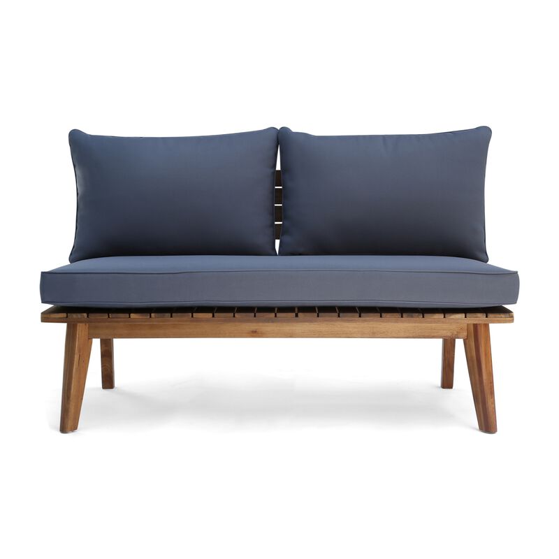 Almo Outdoor Loveseat Bench, Gray Fabric, 49 Inch Brown Acacia Wood - Benzara