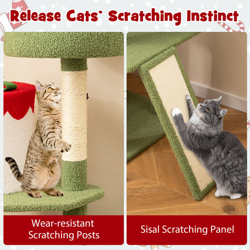 Cute Christmas Cat Tree with Sisal Scratching Posts and 2 Condos