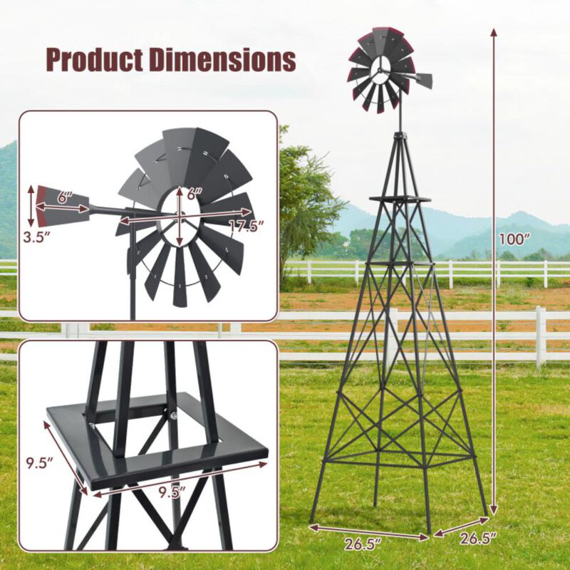 Hivvago 8 Feet Windmill Metal Ornamental Wind Wheel Weather Resistant