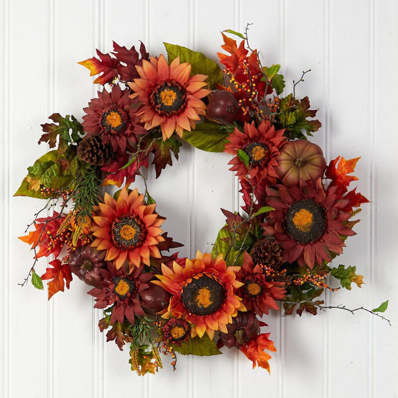 Nearly Natural 24-in Autumn Sunflower, Pumpkin, Pinecone and Berries Fall Artificial Wreath