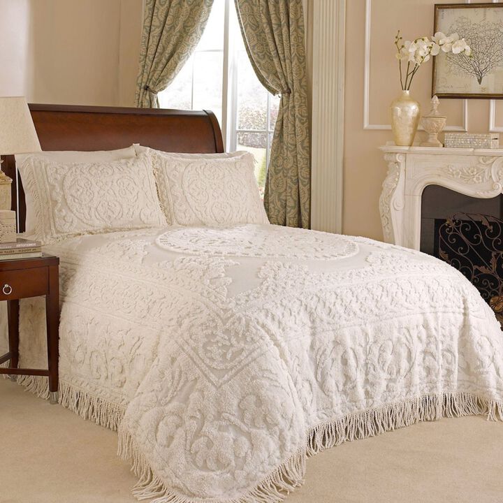 Hivvago King size 100% Cotton Chenille Bedspread in Ivory with 2 Standard size Pillow Shams