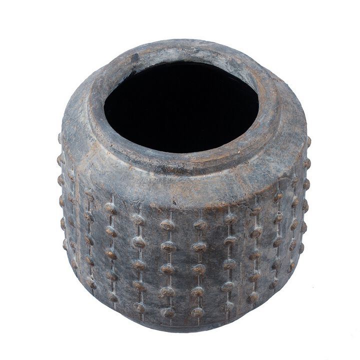 8 Inch Ceramic Planter, Round Curved Bubbled Texture, Weathered Gray Finish-Benzara