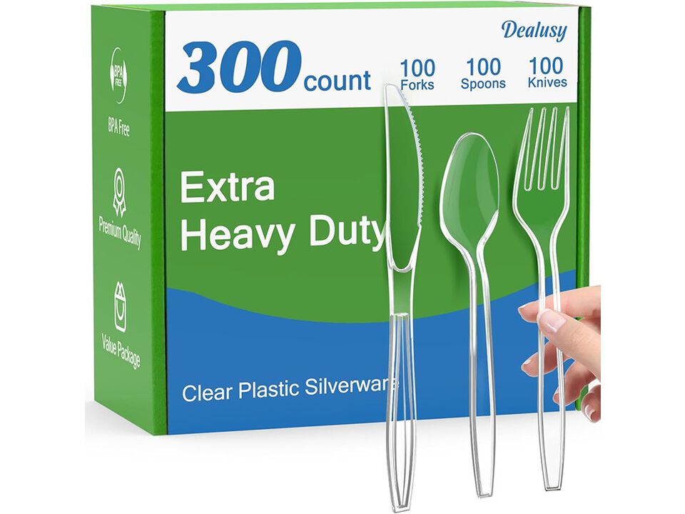 Dealusy 300 Count Extra Heavy Duty Clear Plastic Silverware