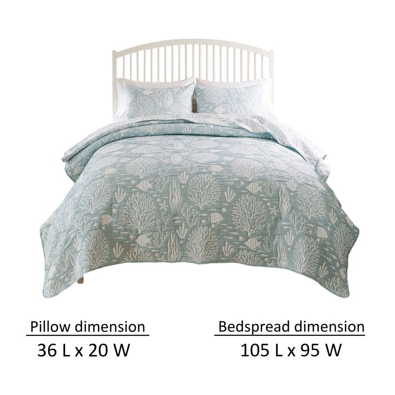 Amy 3pc Cal King Coverlet and Pillow Sham Set, Coastal Design, Seafoam Blue