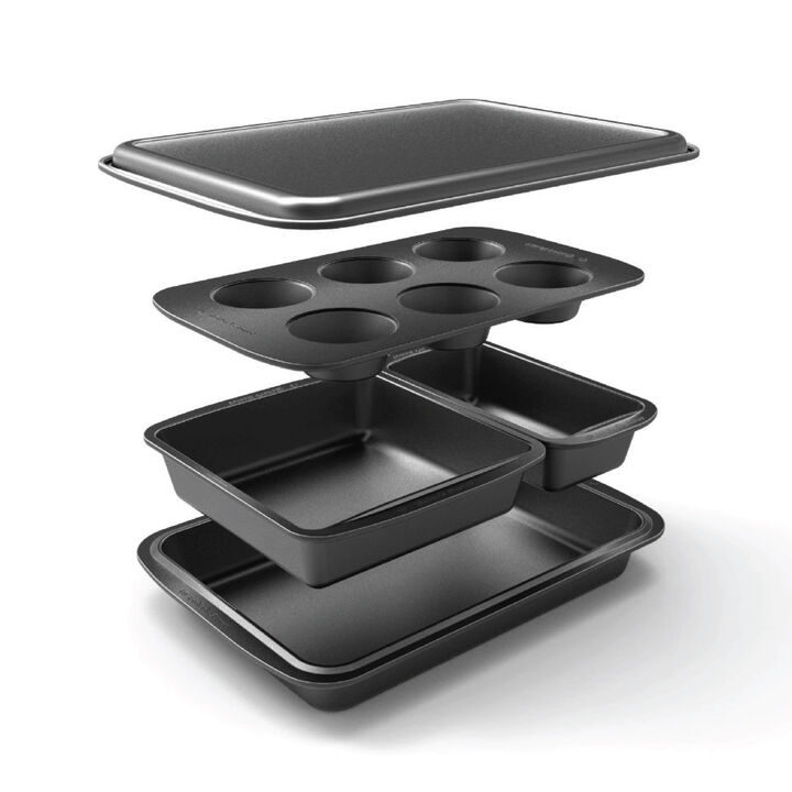 Baker's Secret Bakeware Set of 5 Pans, Stackable Nestable, Easy To Store, Nonstick Coating, Durable Carbon Steel Construction, Essentials Line,Dark Gray