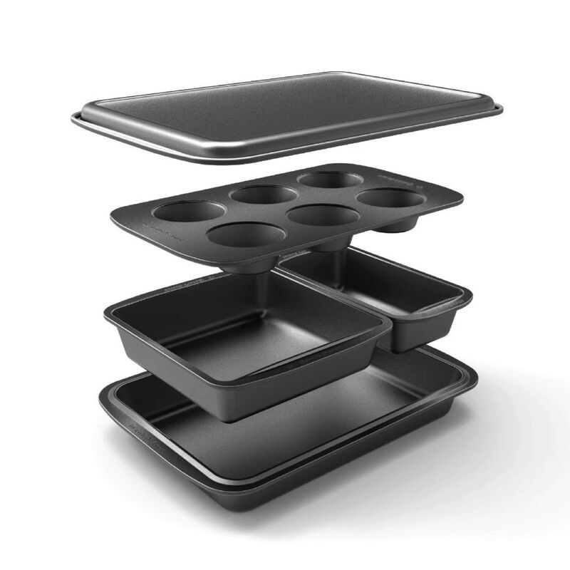 Baker's Secret Bakeware Set of 5 Pans, Stackable Nestable, Easy To Store, Nonstick Coating, Durable Carbon Steel Construction, Essentials Line,Dark Gray