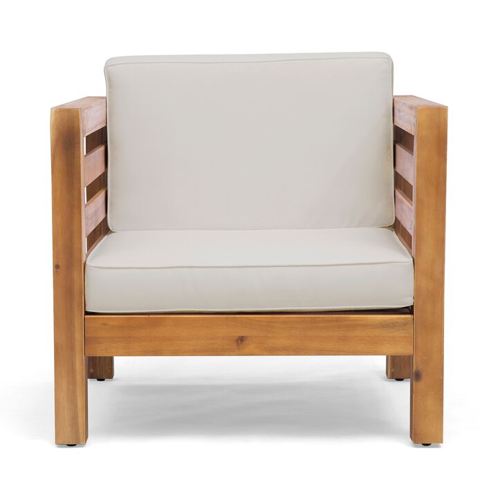 Carie Outdoor Accent Chair, Beige, Soft Cushions, Brown Acacia Wood - Benzara