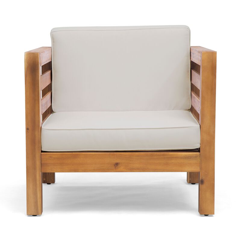 Carie Outdoor Accent Chair, Beige, Soft Cushions, Brown Acacia Wood - Benzara