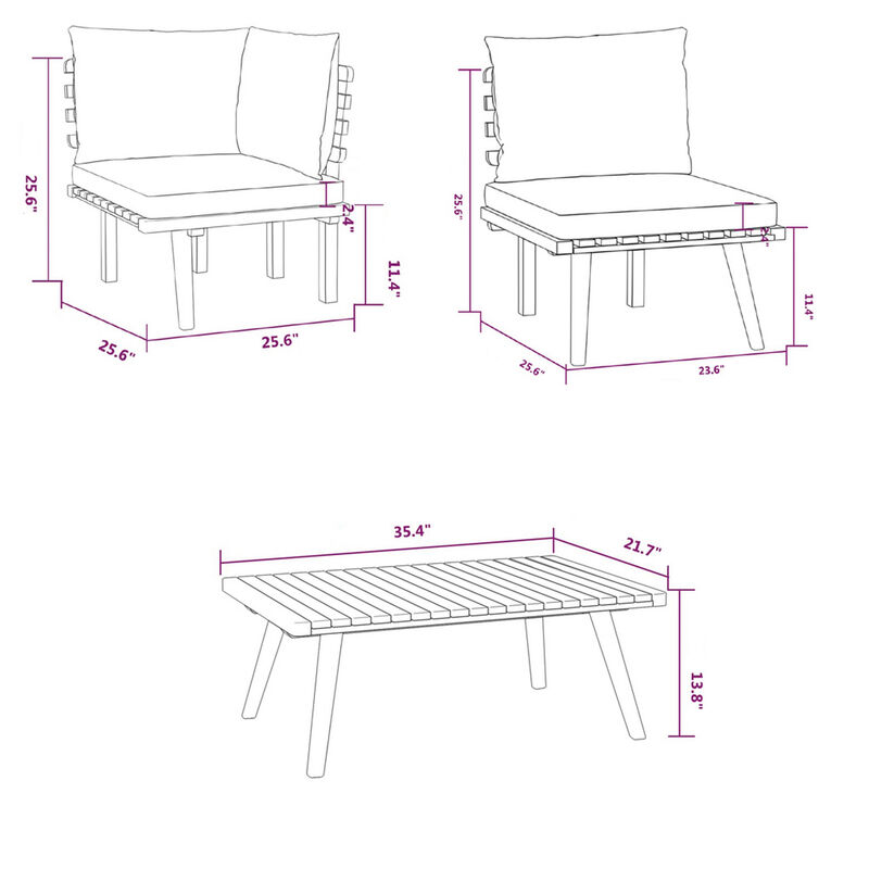 Roma 7pc Outdoor Modular Sofa Set, Table, White Cushions, Acacia Wood - Benzara