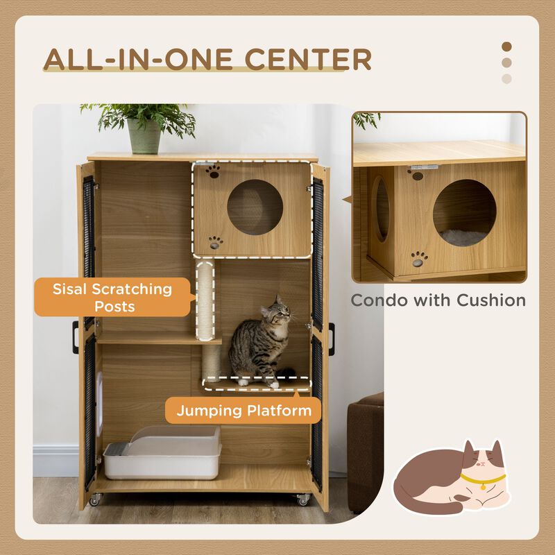Oak Cat Enclosure: Cat House with Tree & Lockable Wheels
