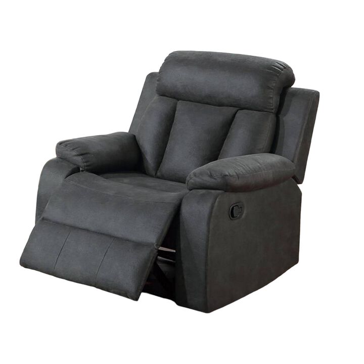 Corie Manual Recliner Chair, Pillow Cushioned, Dark Gray Faux Leather - Benzara