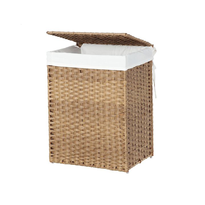 Handwoven Laundry Basket with Lid, 90L Synthetic Rattan Divided Clothes Hamper with Handles