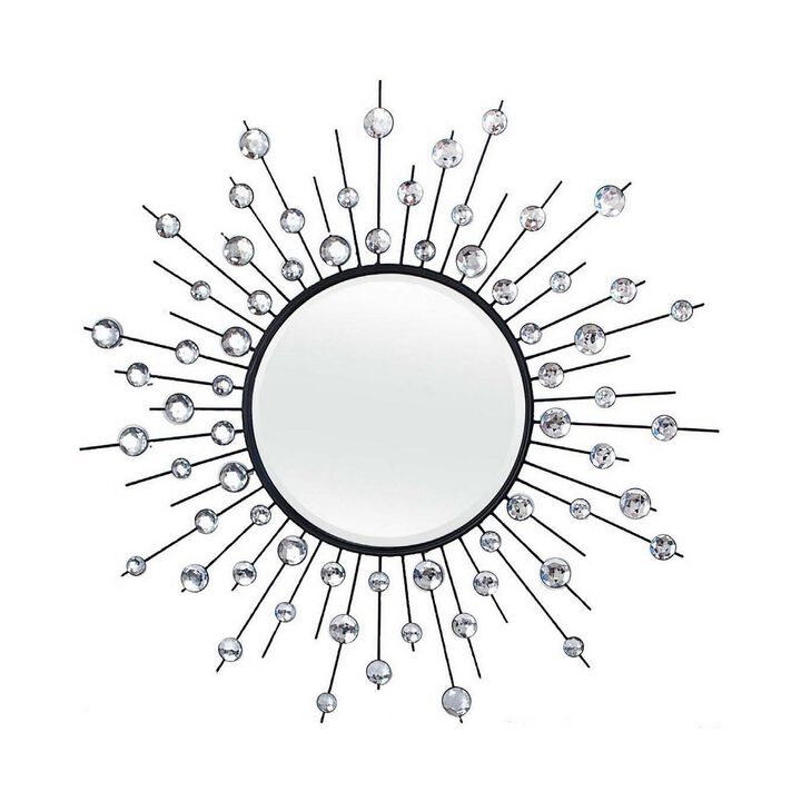 32 Inch Wall Decor, Round Mirror, Sunburst Style, Metal, Black, Silver - Benzara