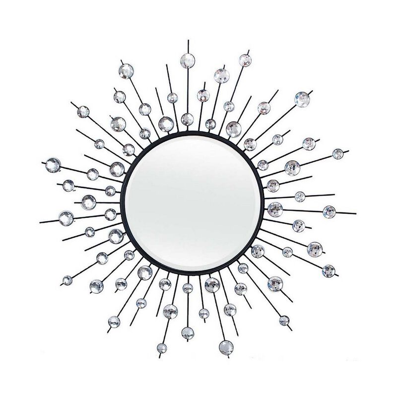 32 Inch Wall Decor, Round Mirror, Sunburst Style, Metal, Black, Silver - Benzara