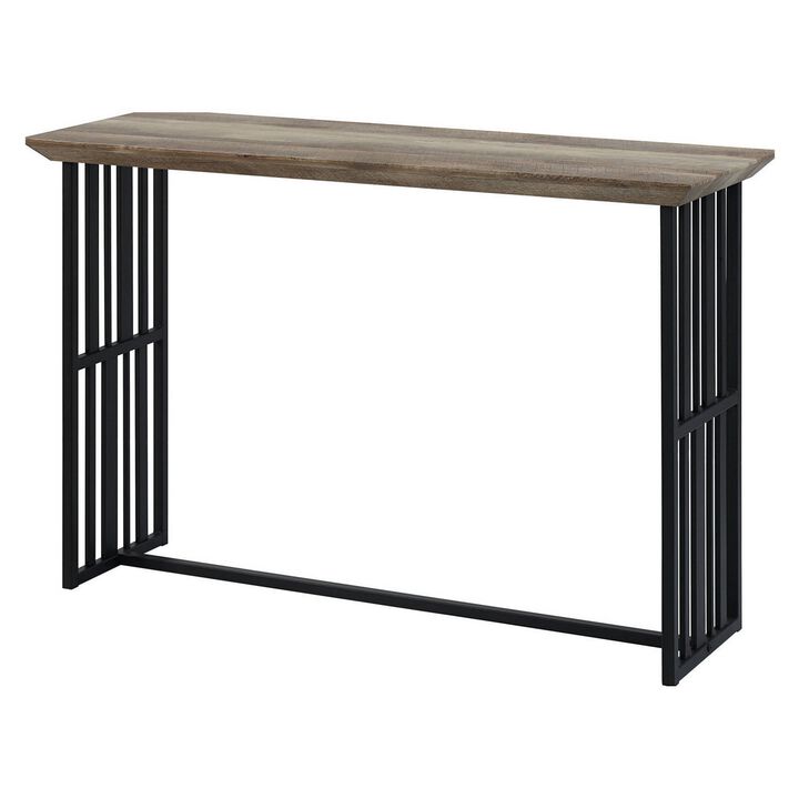 Nori 47 Inch Sofa Table, Metal Strip Base, MDF, Antique Oak Brown and Black - Benzara