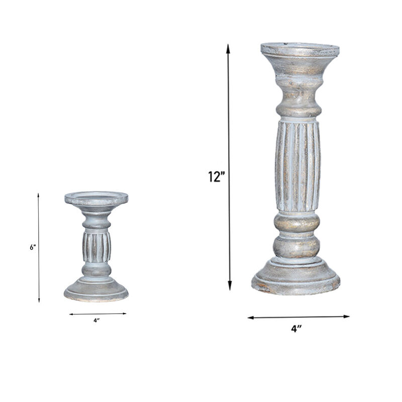 Traditional Antique Dusk Eco-friendly Handmade Mango Wood Set Of Two 6" & 12" Pillar Candle Holder