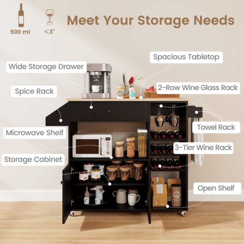 Hivvago Drop Leaf Mobile Kitchen Island Cart with Power Outlet and Adjustable Shelf